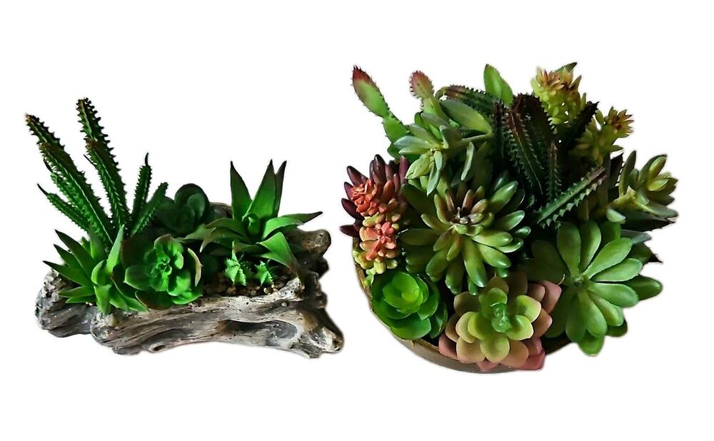 2 Artificial Succulent Arrangements Faux Plants Rustic Wood Log Bowl Decor